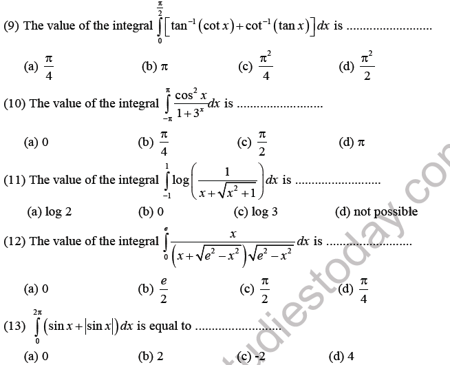 JEE Mathematics Definite Integration MCQs Set A, Multiple Choice Questions